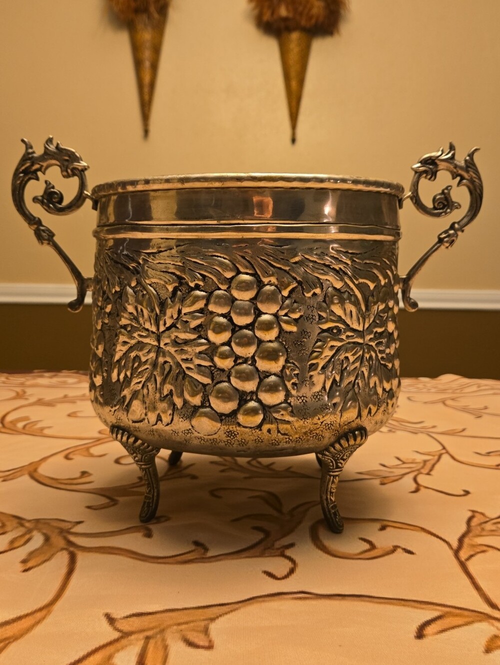 Ornate Grape Motif Silver-Patina Centerpiece Holder